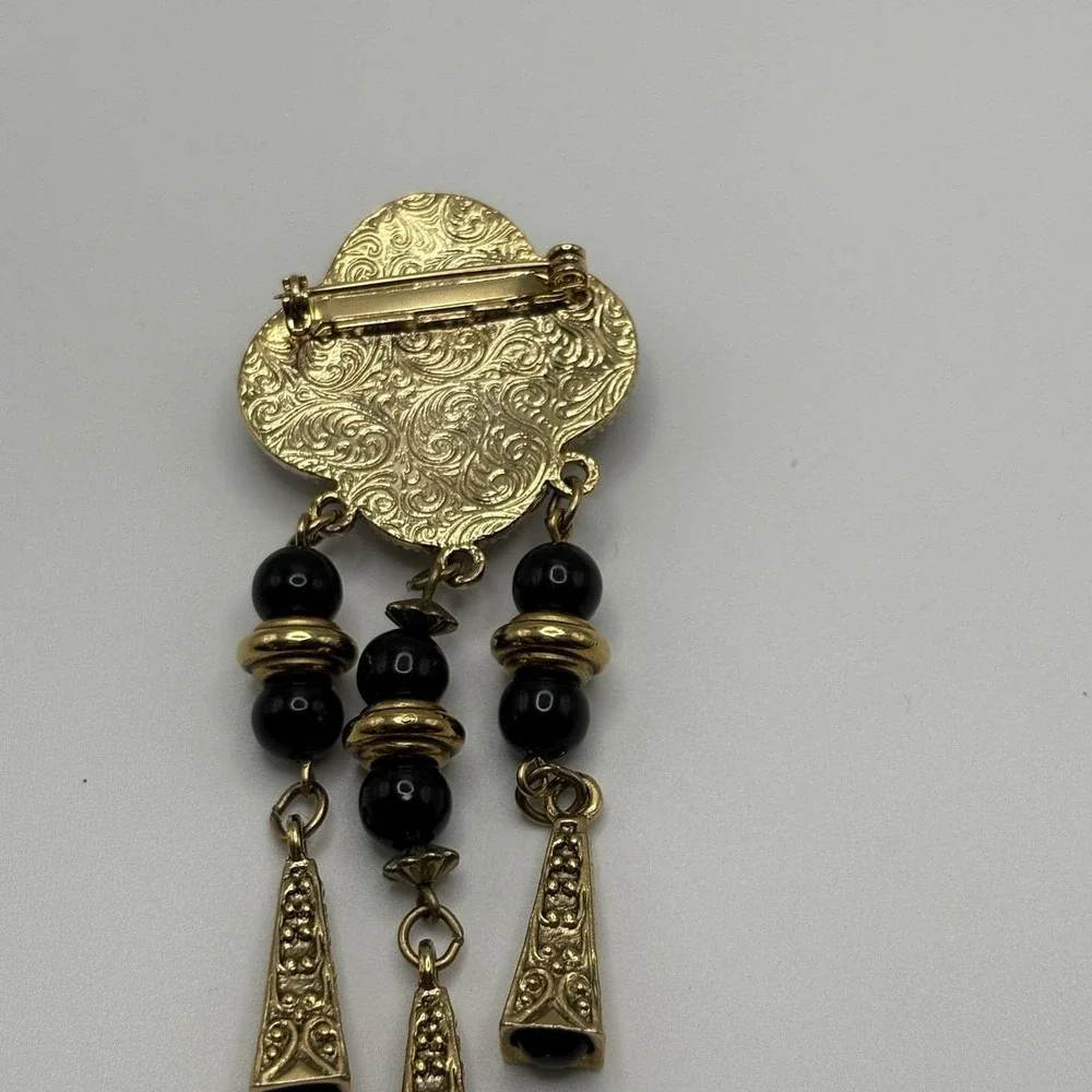 Vintage 1928 Brooch Etruscan Revival Shield Dangle Tassel Gold Black